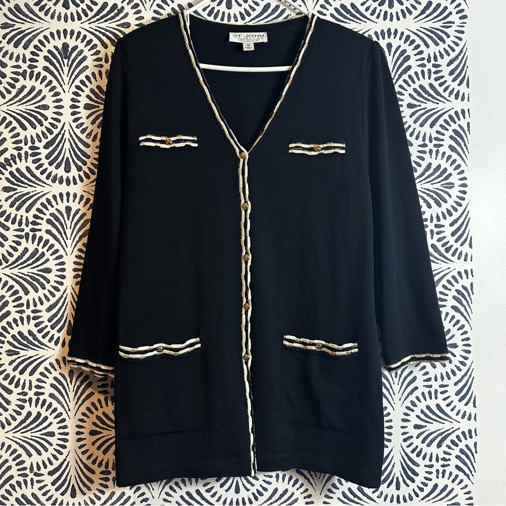 St John Collection Marie Gray Black Button Front Cardigan Metallic Gold Stitch